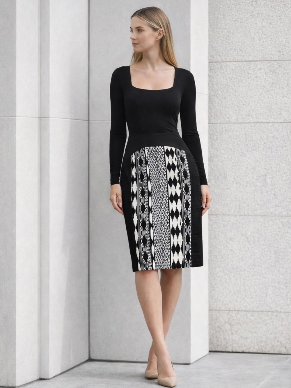 Anthropologie Floreat Ikat Pintuck Pencil Skirt Size 12 Black White Textured